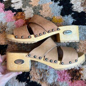 vintage 90s deadstock candies studded wooden brown leather clogs chunky heel